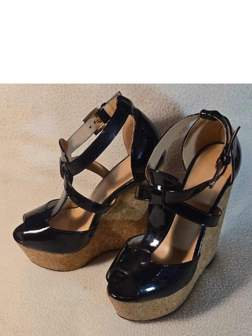 Black Patent Wedge Sandals with Cork Platform